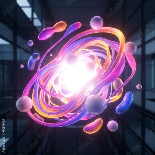 A vibrant, multi-hued, swirling abstract art piece against a backdrop of modern architecture. A mesmerizing display of shapes, colors, and motion.