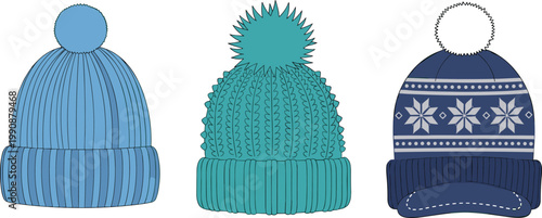 Set of Three Winter Knit Beanie Hats with Pom Pom in Flat Style Featuring Textured Wool Patterns Isolated on White Background for Seasonal Apparel Design