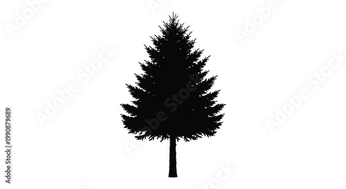 A stark black coniferous tree stands prominently against a white background silhouette