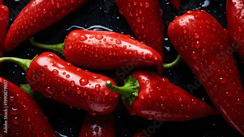 Close up of fresh red chili peppers with water drops on a dark background. Wet spicy vegetables macro. Raw organic ingredients for cooking