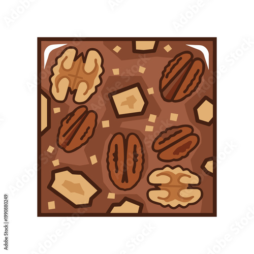 A top-down view of a delicious fudge bar generously studded with various nuts and dried fruit pieces.