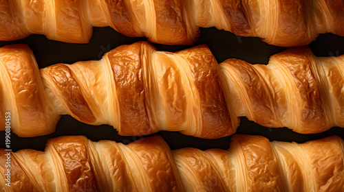 Close up top view of baked croissants arranged in rows. Golden brown French pastry pattern background