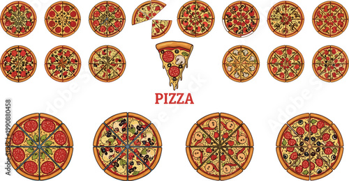 Set of Various Pizza Top View Illustrations with Different Toppings Including Pepperoni, Vegetables, Cheese, and Slices in Flat Style Isolated on White Background