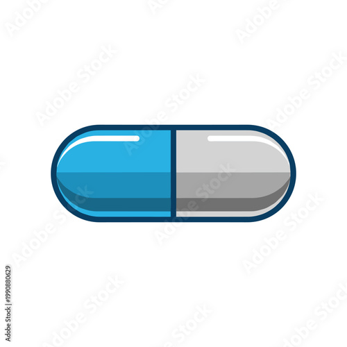 A single bicolored capsule pill, split into blue and grey halves.