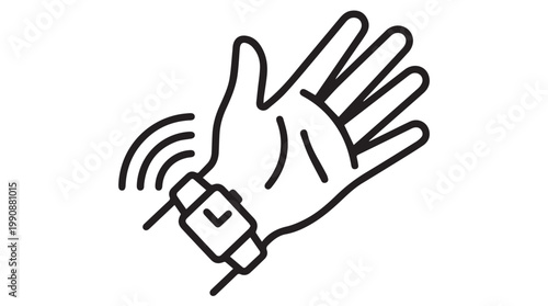 a hand wearing a smartwatch with signal waves, vector graphic for technology and lifestyle concepts