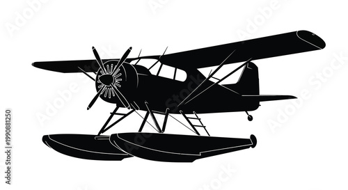 Black silhouette of a vintage biplane with floats side view