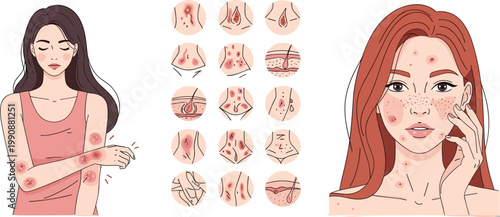 Skin Problems and Dermatology Symptoms Set with Acne Rash Allergy Irritation and Treatment Concept for Healthcare Flat Vector Illustration Collection