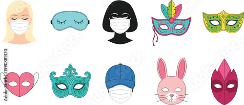 Colorful Face Mask and Masquerade Costume Mask Collection Including Sleep Medical Carnival and Bunny Style Flat Vector Illustration Set