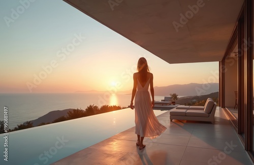Woman in long dress walks on luxury villa patio by infinity pool during sunset. Ocean and mountain view create tranquil atmosphere. Modern architecture complements natural scenery.
