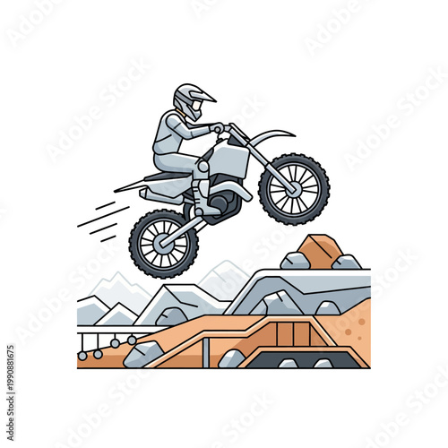 Colorful illustration of motorcyclist jumping dirt bike on mountain track