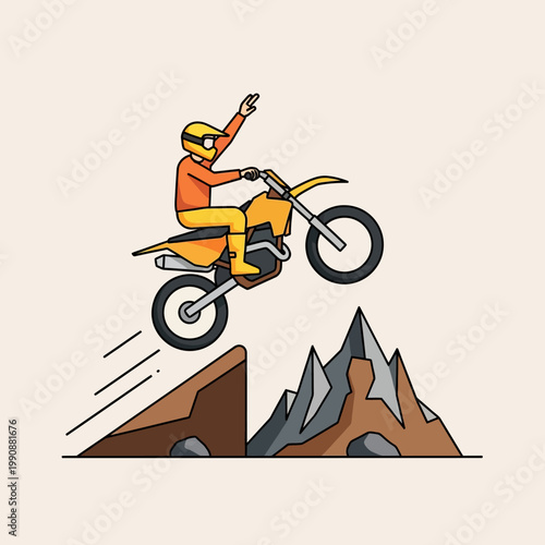 Motorcyclist in orange gear jumping off mountain peak illustration
