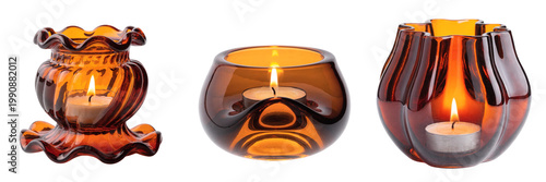 Set of one amber glass candle holders with lit tea light candle casting a warm glow isolated on a transparent background 