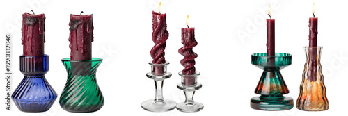 Set of Two lit maroon candles in color glass holders isolated on a transparent background
