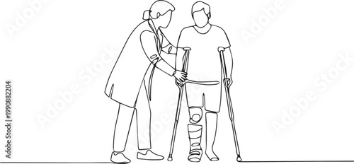 A line drawing of a nurse helping a patient with crutches and a leg brace