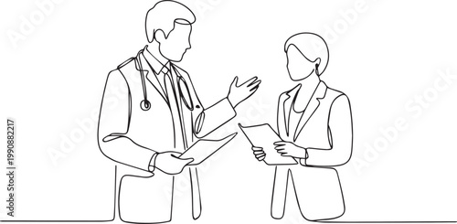 A doctor and patient discussing medical information in a simple line drawing