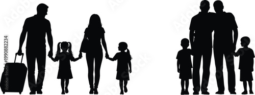 Family travel silhouettes, parents with children walking and luggage, happy family lifestyle, bonding concept illustration