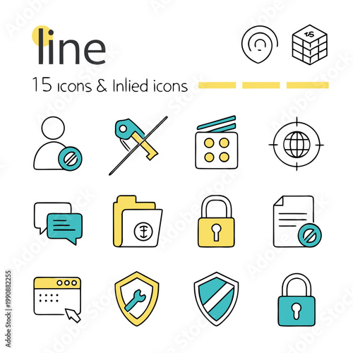 A collection of 15 line style icons and inline icons for security and technology concepts