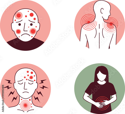 Medical Symptom Illustration Set Showing Skin Rash Back Pain Headache and Stomach Ache Body Pain Flat Vector Illustration for Healthcare Design