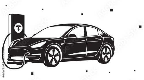 Minimalist vector illustration of an electric vehicle connected to a charging station, ideal for eco friendly transportation, green energy, and sustainable technology marketing materials.