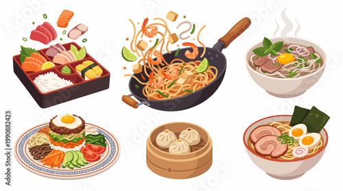 This vibrant image showcases an array of Asian dishes including sushi, noodles, and various sides, arranged beautifully to highlight their culinary appeal and diversity.