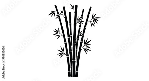 A minimalist depiction of bamboo stalks and leaves in black silhouette