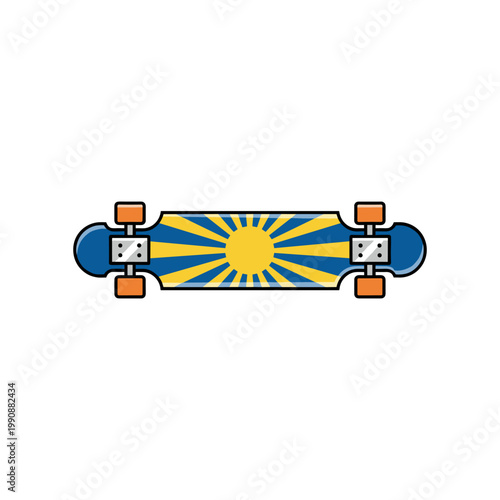A vibrant blue skateboard with orange wheels and a stylized yellow sunburst graphic on its deck.