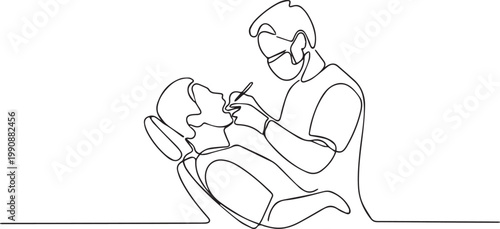 A continuous line drawing of a dentist examining a patient