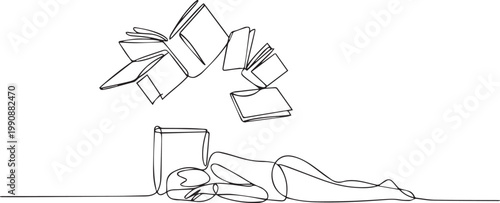 A person lying on the floor with books falling from above in a simple line drawing