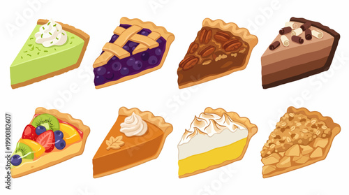 This colorful image depicts an assortment of delicious pies, showcasing both traditional and creative flavors, celebrating the art of baking and culinary delights.