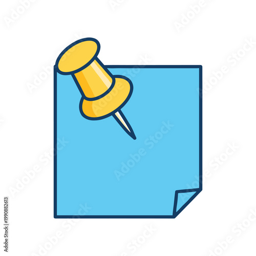 A bright yellow push pin is firmly affixed to the upper corner of a blank blue square sticky note.