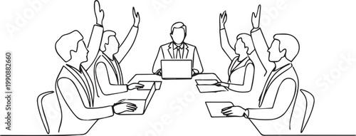 A minimalist line drawing of a business meeting with people raising their hands