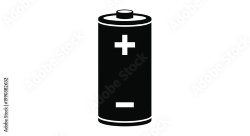 Simple black and white illustration of a cylindrical battery with positive and negative signs