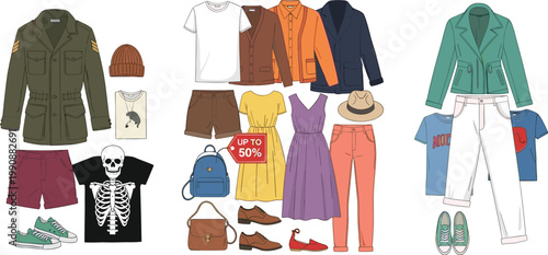 Stylish Clothing and Accessories Collection with Jackets Dresses Pants Shoes and Casual Outfit Elements Set for Fashion Design, Retail Catalog, and Ecommerce Use