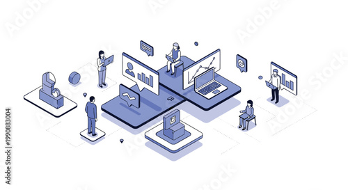 Team of analysts works remotely using digital tablets and laptops to visualize business data and growth charts on screens.