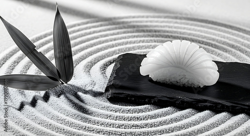 still life, Modern zen garden. a scallop nigiri on a slate slab amidst a perfectly imperfect pattern of raked grey sand, one cracked bamboo leaf nearby, monochrome palette 