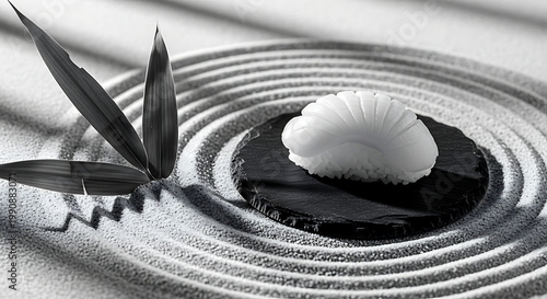 still life, Modern zen garden. a scallop nigiri on a slate slab amidst a perfectly imperfect pattern of raked grey sand, one cracked bamboo leaf nearby, monochrome palette 