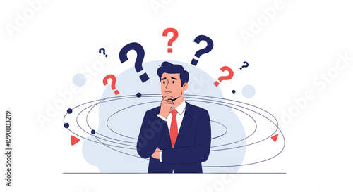 Confused businessman with hand on chin stands surrounded by red and black question marks and swirling orbital lines.