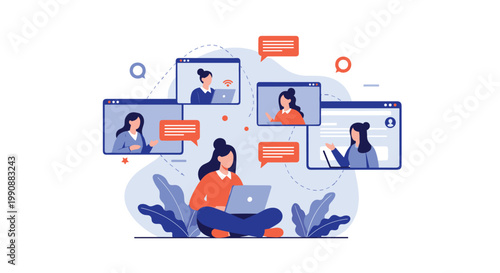 Diverse remote team conducts a virtual video conference meeting through multiple windows on a large digital screen interface.