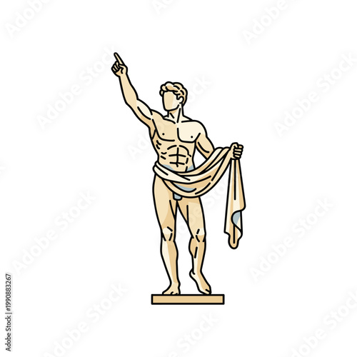 A stylized illustration depicts a classical male statue with a muscular physique, pointing upward and draped in a cloth.