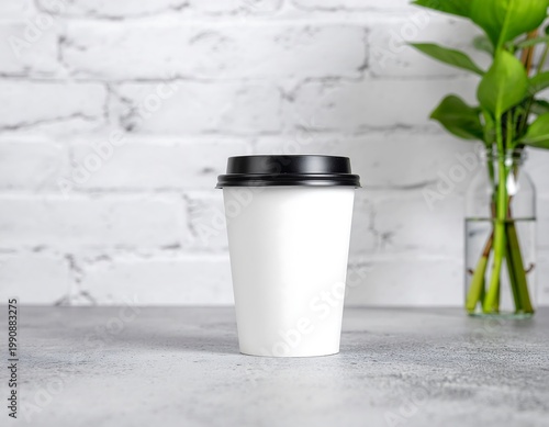 Coffee Cup Mockup On Stone Counter With White Brick Background