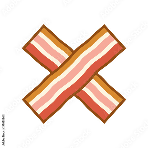 Two strips of bacon are crossed over each other in a vibrant, graphic illustration with distinct layers of fat and meat.