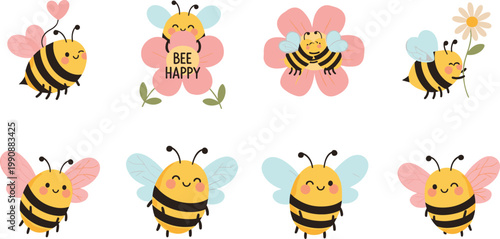 Cute Kawaii Happy Bee Character Collection with Flowers Heart and Bee Happy Quote Flat Vector Illustration Set for Kids Design