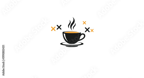 Stylized cup of hot coffee with steam and decorative cross elements on a clean white background representing morning break.