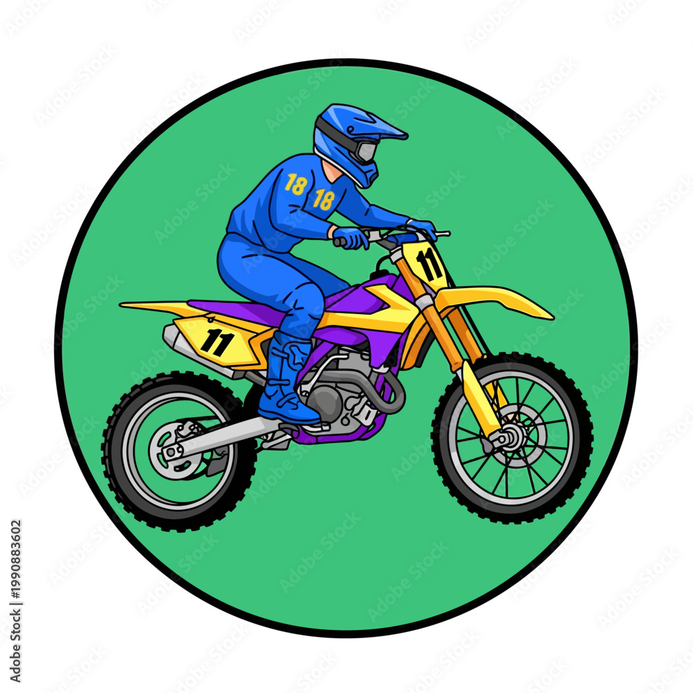 Obraz premium Colorful illustration of motorcyclist riding dirt bike on green background