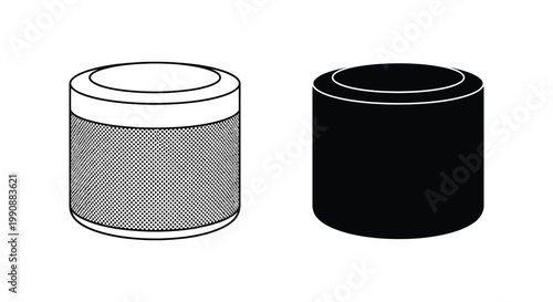 Two cylindrical speakers are depicted in a contrasting black and white silhouette