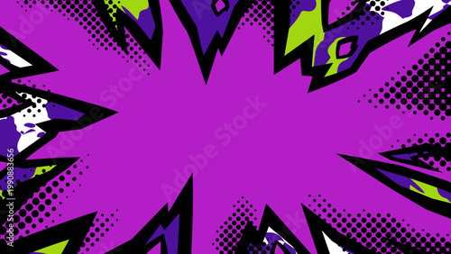 アメコミ風の爆発が広がる背景のイラスト素材_紫_16:9