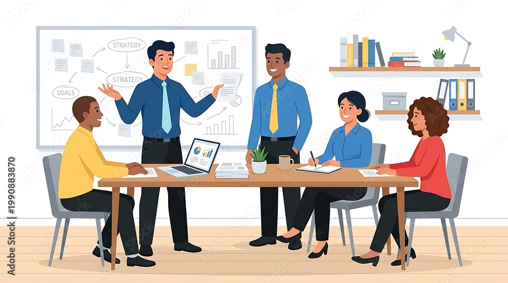 Fototapeta premium Professional team collaborating in modern boardroom with presentation and digital devices