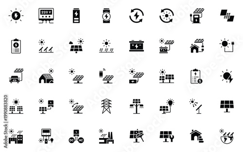 set of solar energy icons, solar cell, clean energy