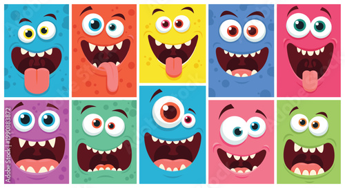 Collection of bright and cheerful monster faces with big eyes, teeth, and silly expressions in colorful frames for children.