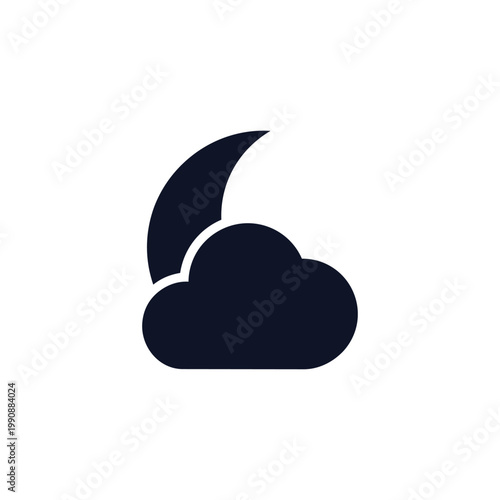A dark blue cloud icon with a crescent moon rising behind it on a white background for weather or astronomy concepts.